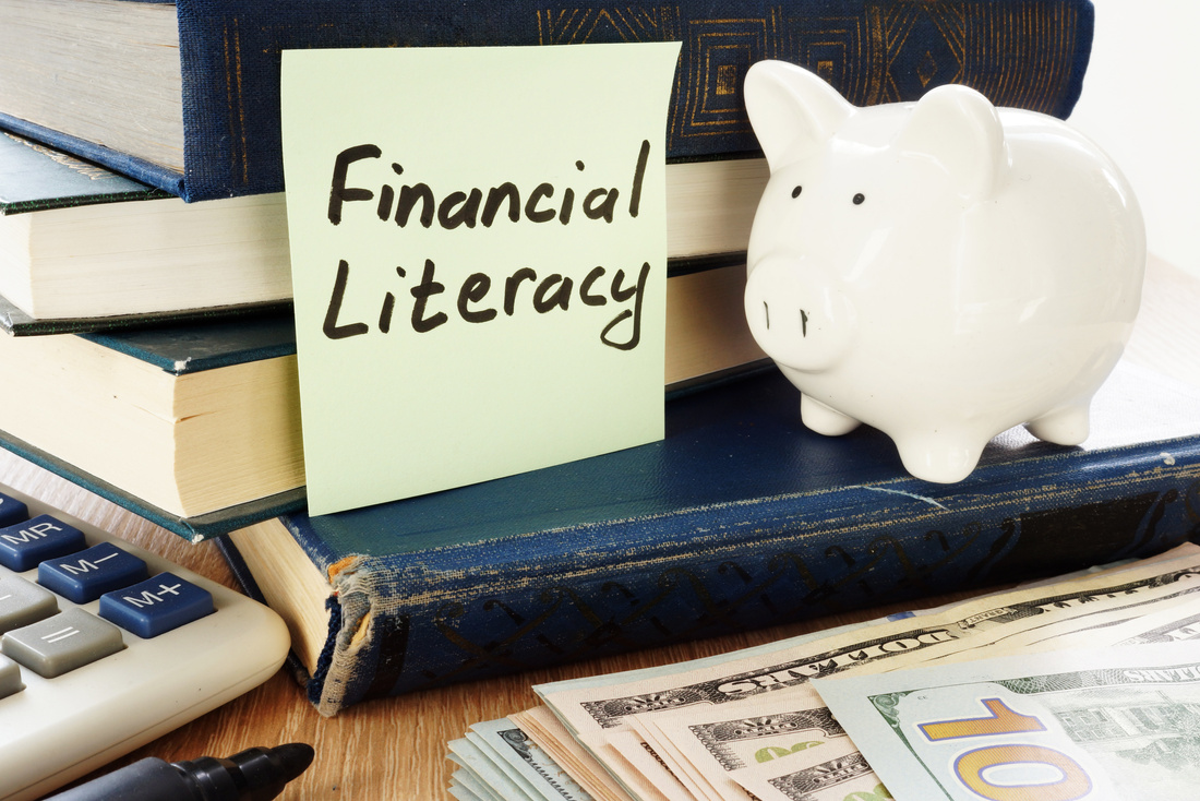 Financial Literacy and piggy bank as savings symbol.